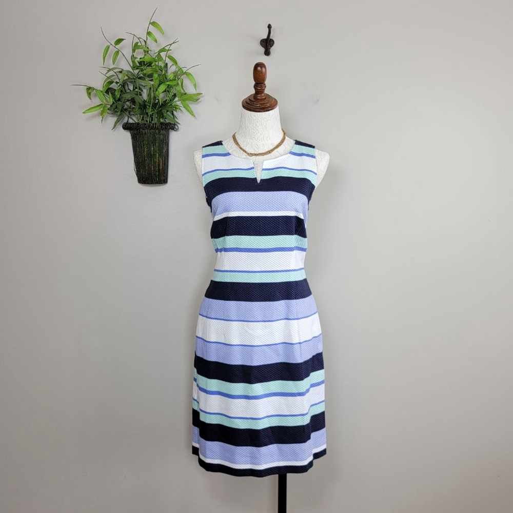 NEW Talbots Striped Sleeveless Sheath Midi Dress Textured Spring Summer Blue 10p